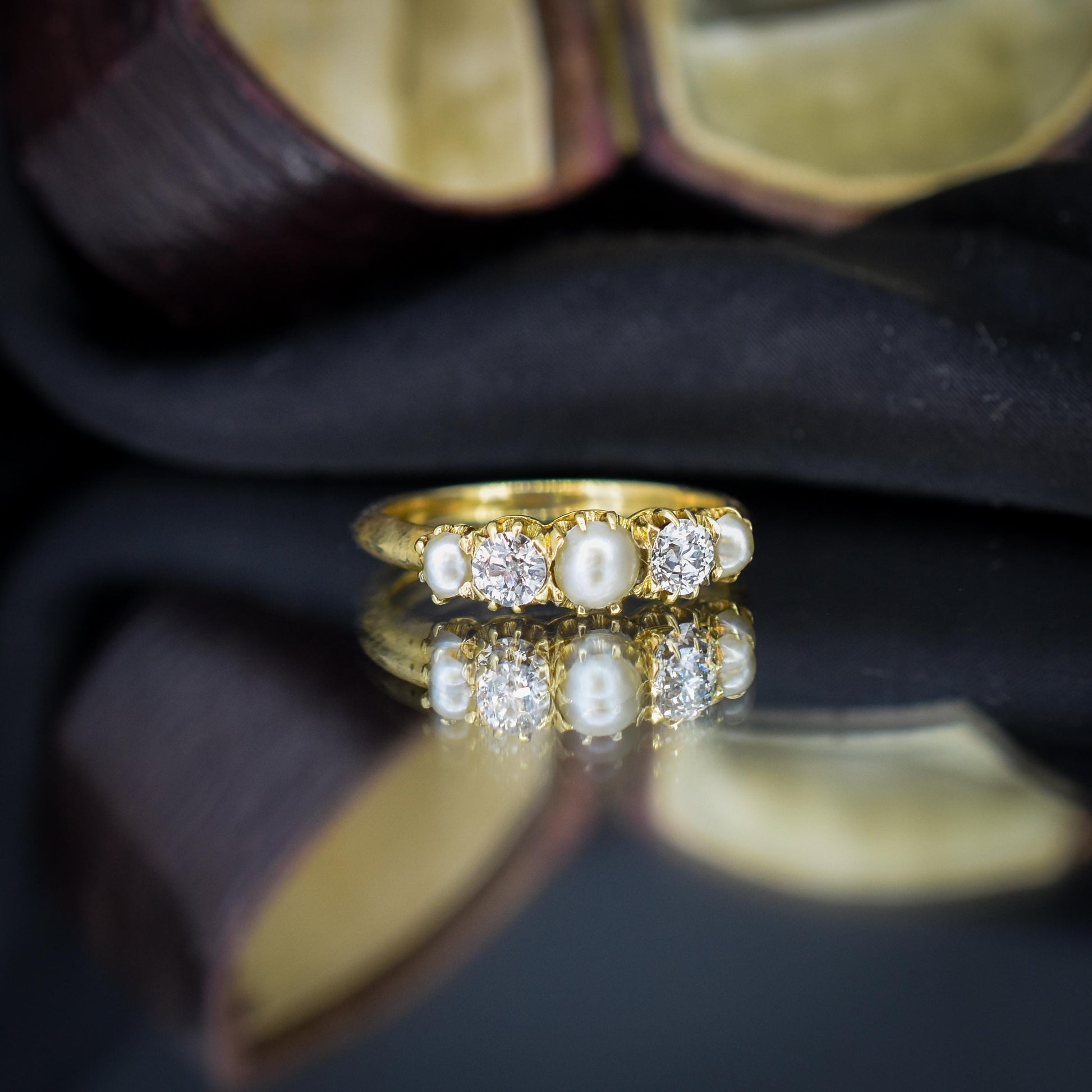 Antique Victorian Pearl and Old Cut Diamond Five Stone 18ct Yellow Gold Ring Band
