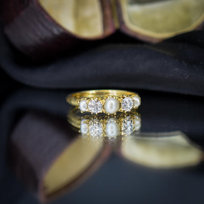 Antique Victorian Pearl and Old Cut Diamond Five Stone 18ct Yellow Gold Ring Band