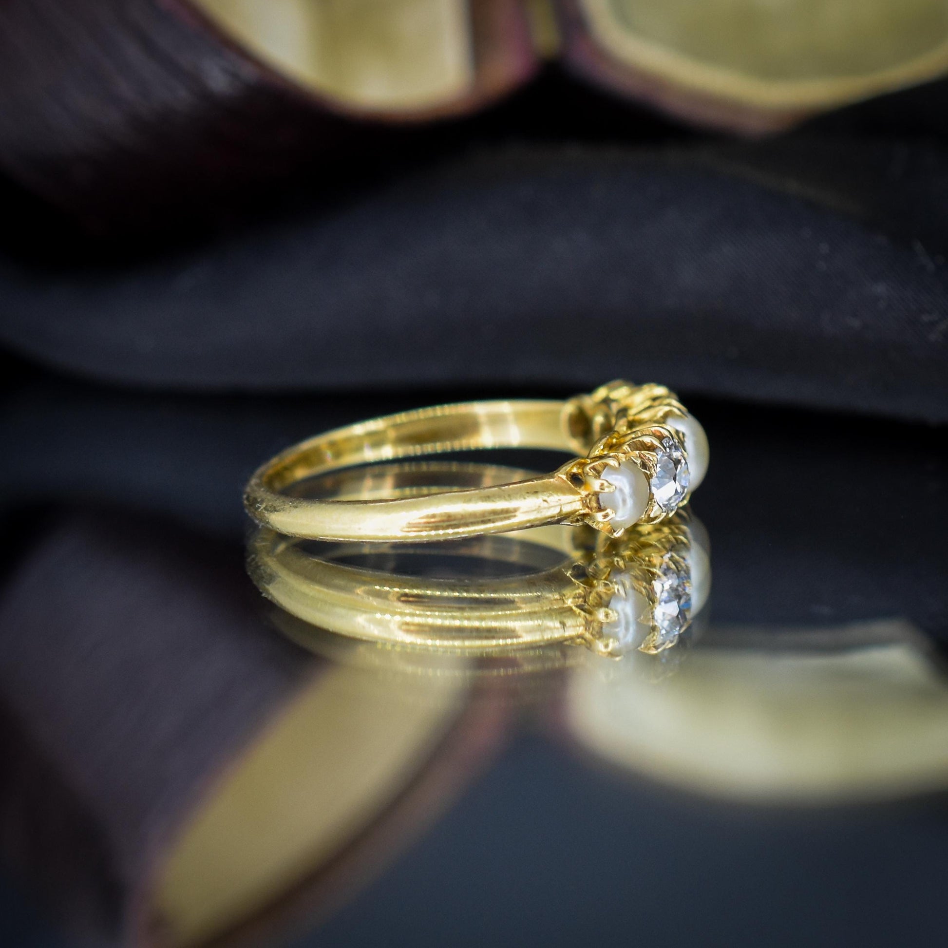 Antique Victorian Pearl and Old Cut Diamond Five Stone 18ct Yellow Gold Ring Band