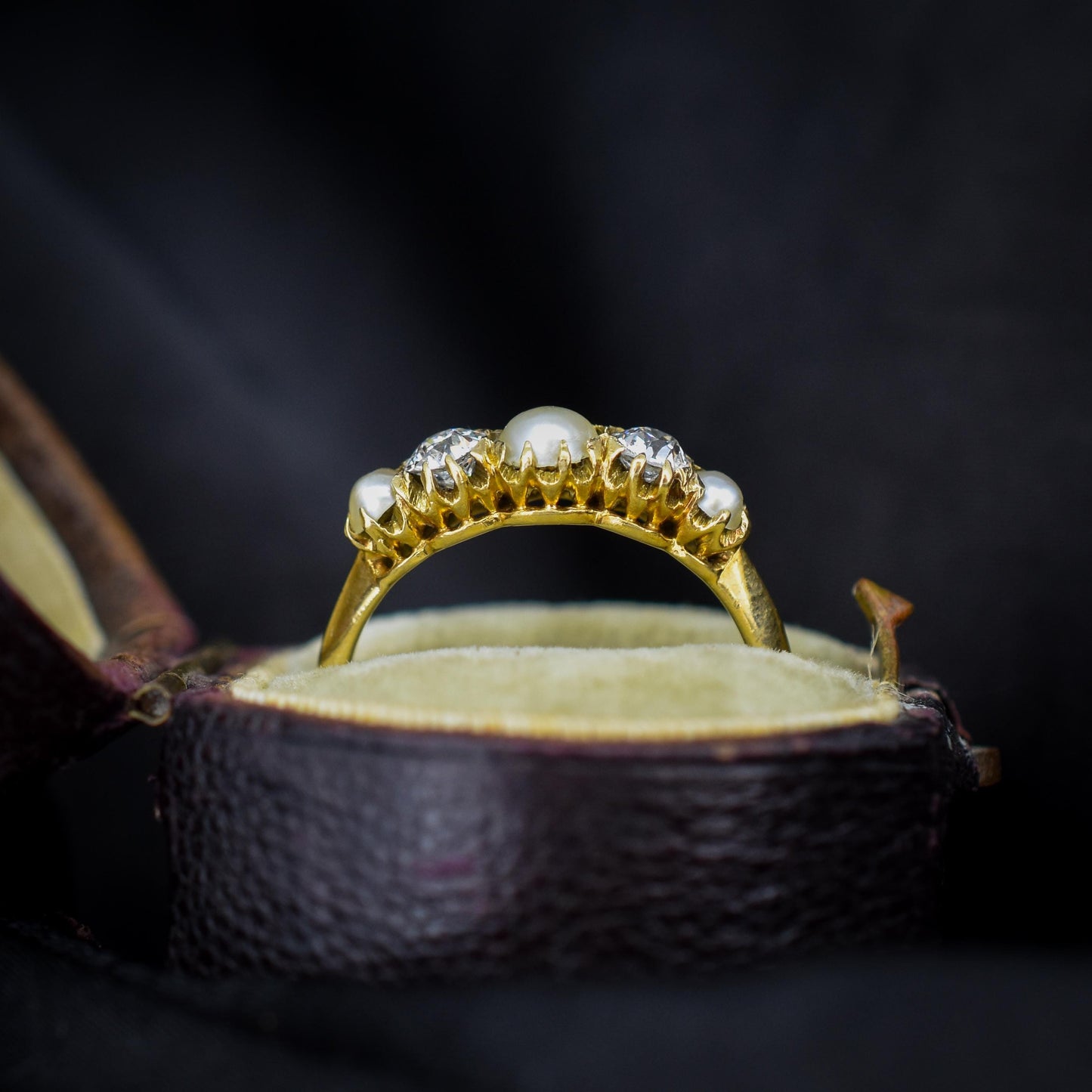 Antique Victorian Pearl and Old Cut Diamond Five Stone 18ct Yellow Gold Ring Band