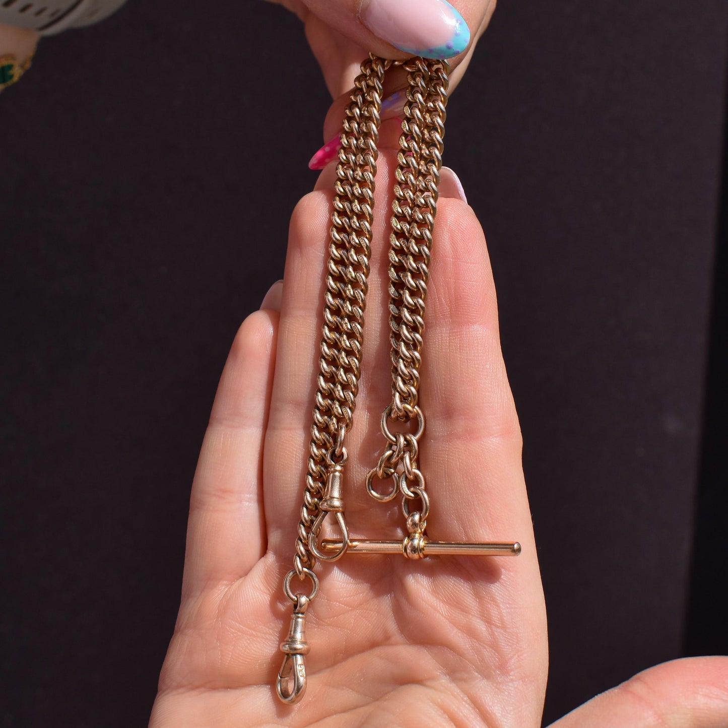 Art Deco 9ct Gold Uniform Curb Link Dog Clip Albert Watch Chain Necklace - 15.25"