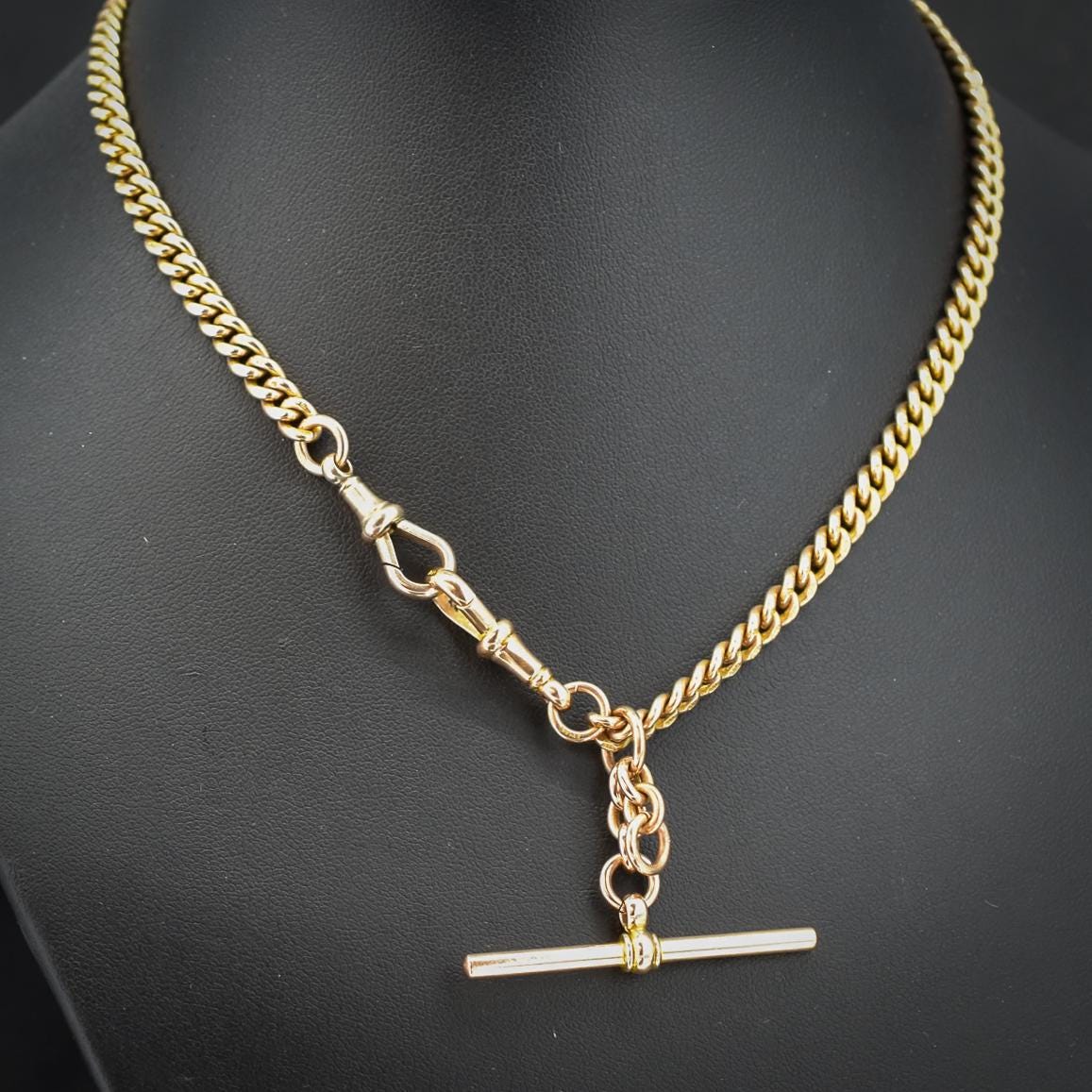 Art Deco 9ct Gold Uniform Curb Link Dog Clip Albert Watch Chain Necklace - 15.25"