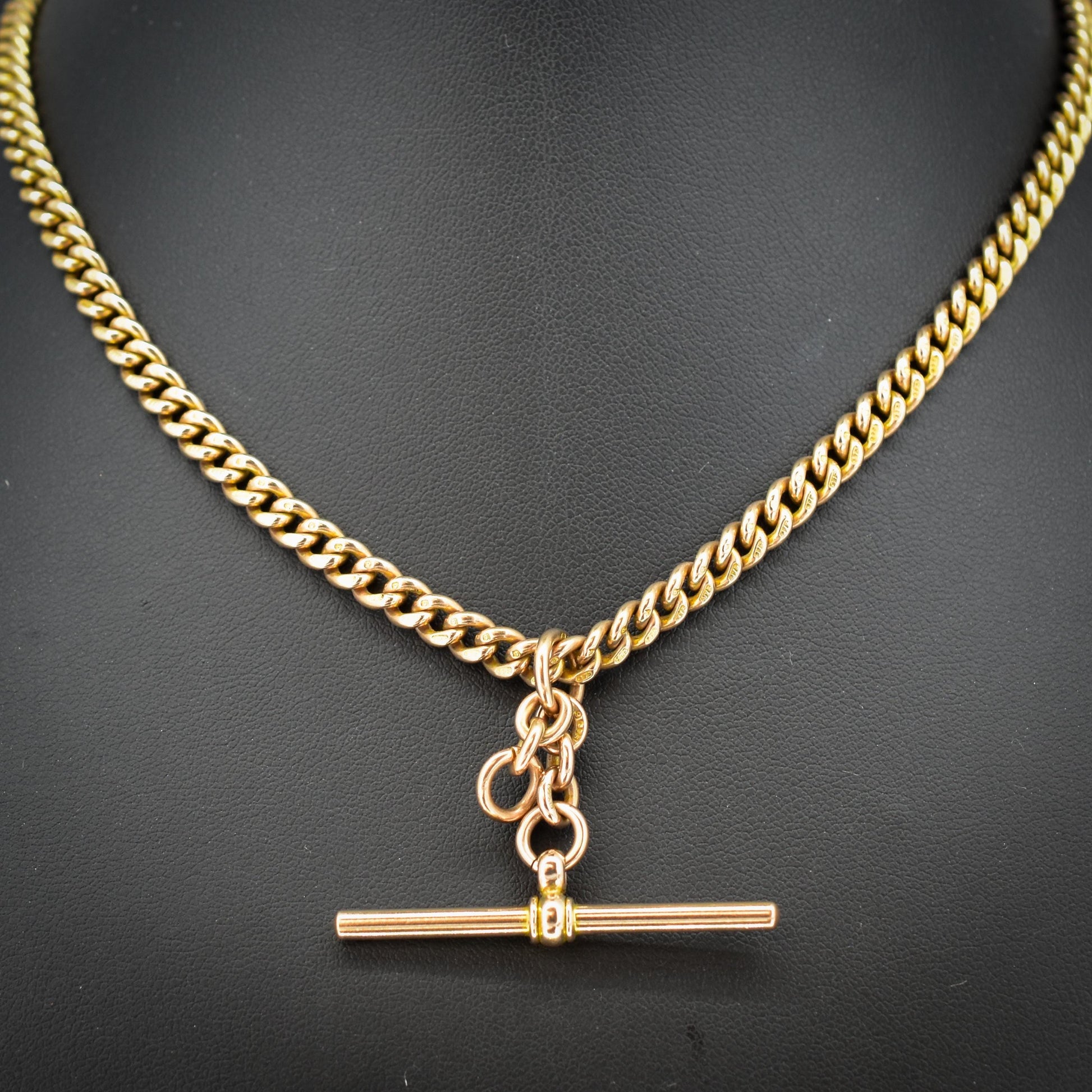 Art Deco 9ct Gold Uniform Curb Link Dog Clip Albert Watch Chain Necklace - 15.25"