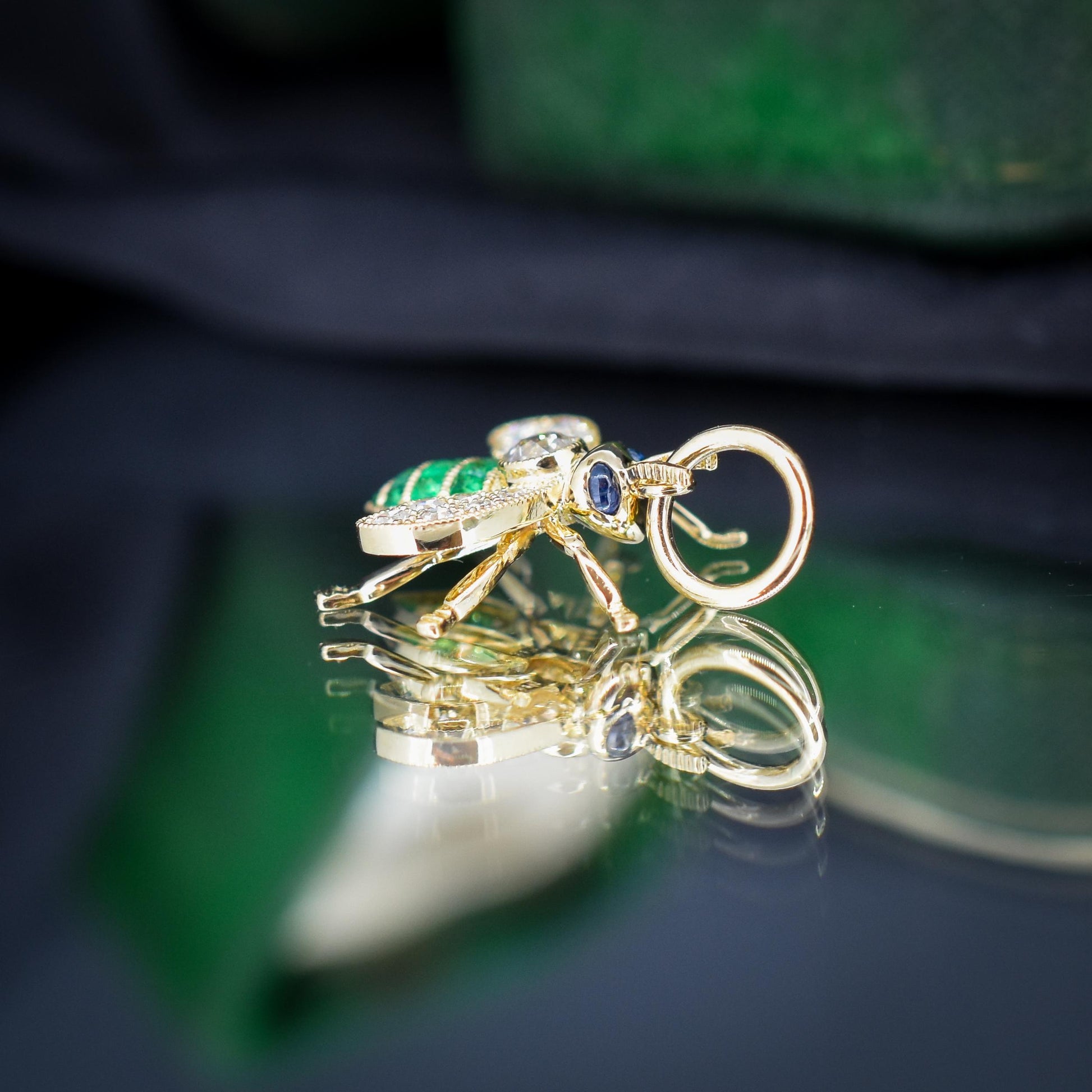 French Cut Emerald and Diamond 18ct Gold Insect Bee Pendant