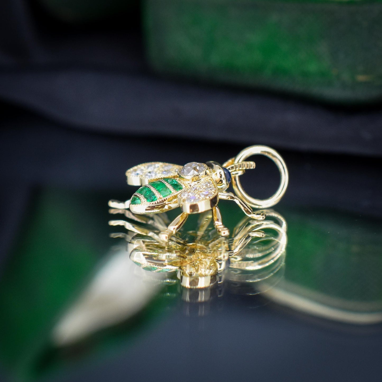 French Cut Emerald and Diamond 18ct Gold Insect Bee Pendant