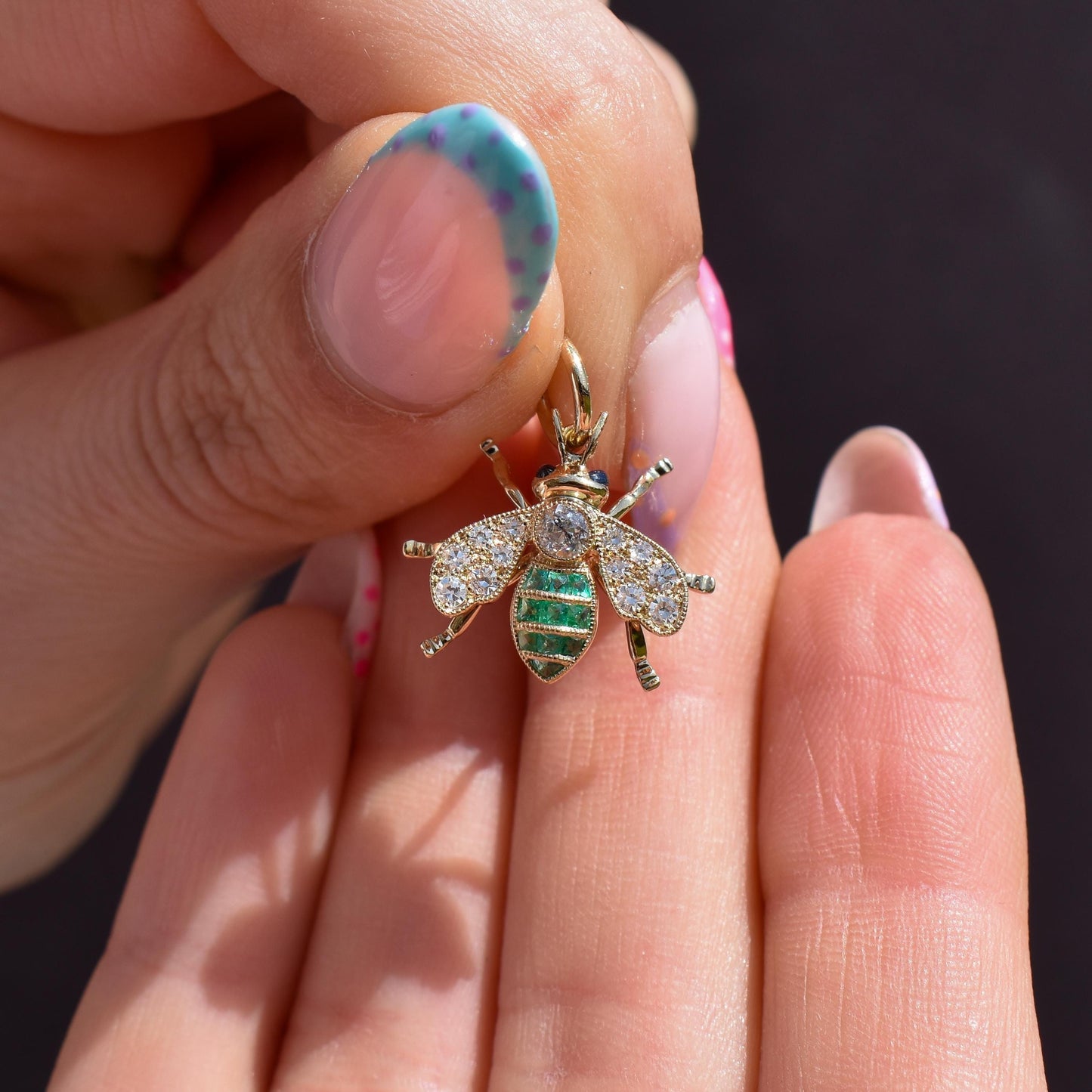 French Cut Emerald and Diamond 18ct Gold Insect Bee Pendant