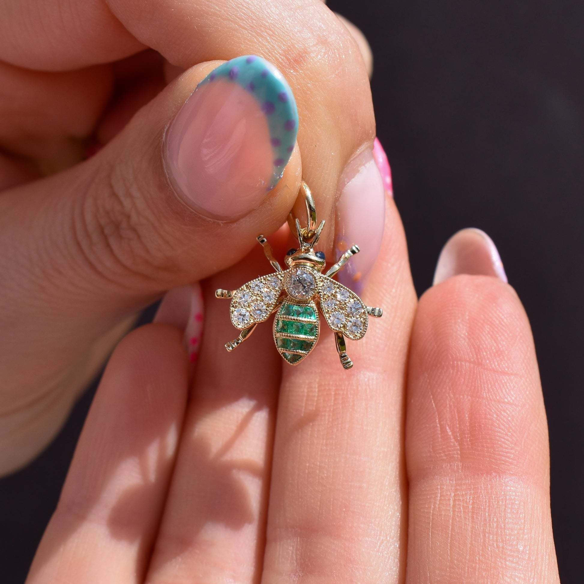 French Cut Emerald and Diamond 18ct Gold Insect Bee Pendant