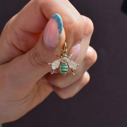 French Cut Emerald and Diamond 18ct Gold Insect Bee Pendant