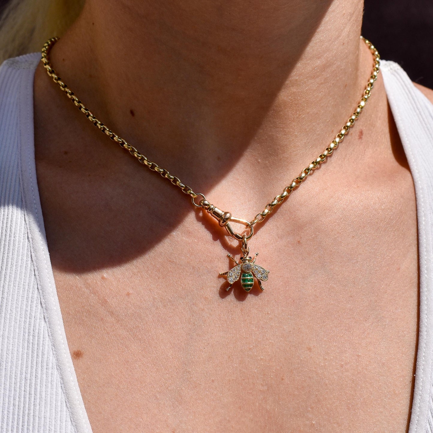 French Cut Emerald and Diamond 18ct Gold Insect Bee Pendant