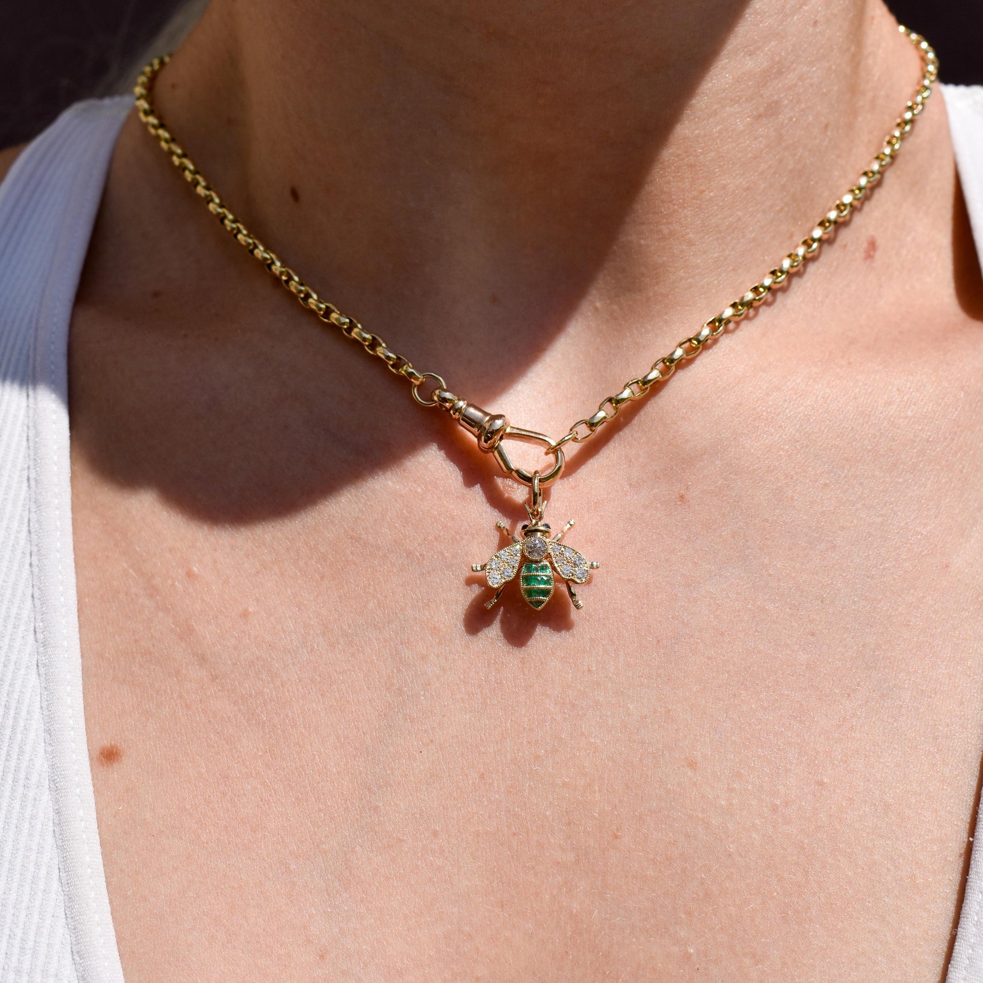 French Cut Emerald and Diamond 18ct Gold Insect Bee Pendant