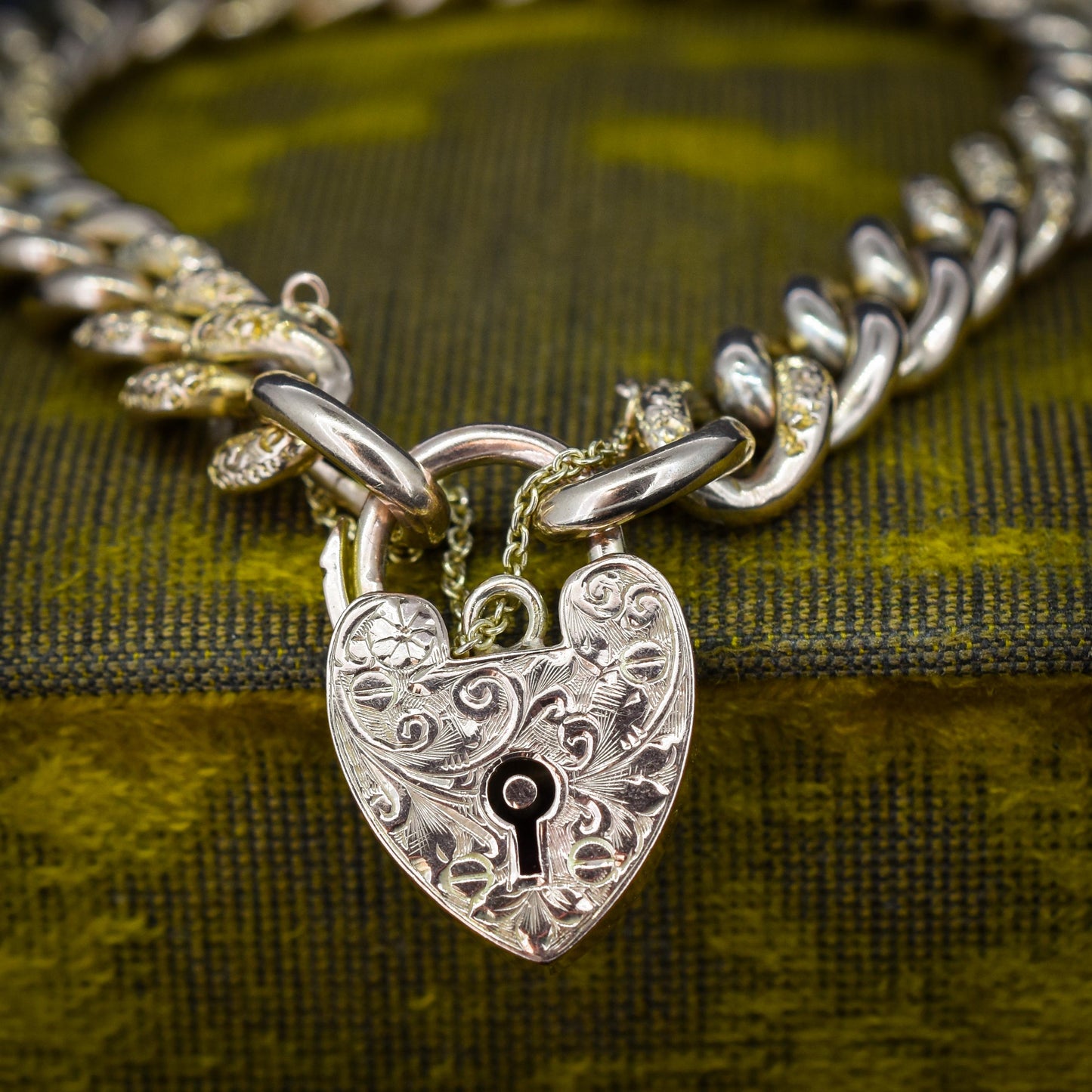 Antique Engraved Heart Padlock Fancy Curb 9ct Gold Bracelet 7"