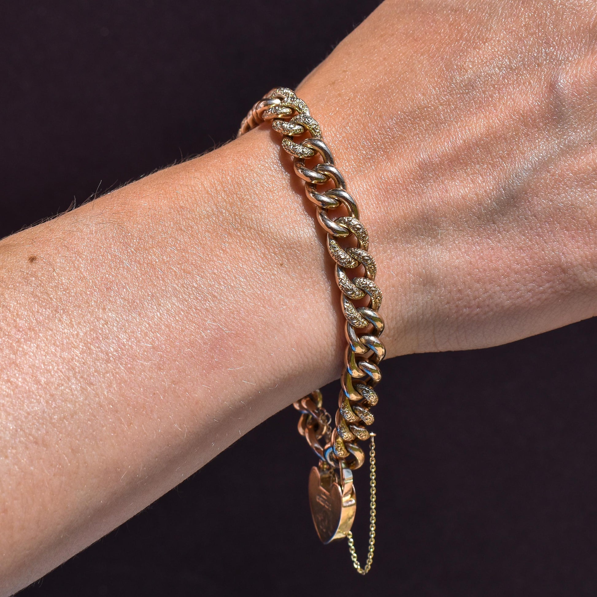 Antique Engraved Heart Padlock Fancy Curb 9ct Gold Bracelet 7"