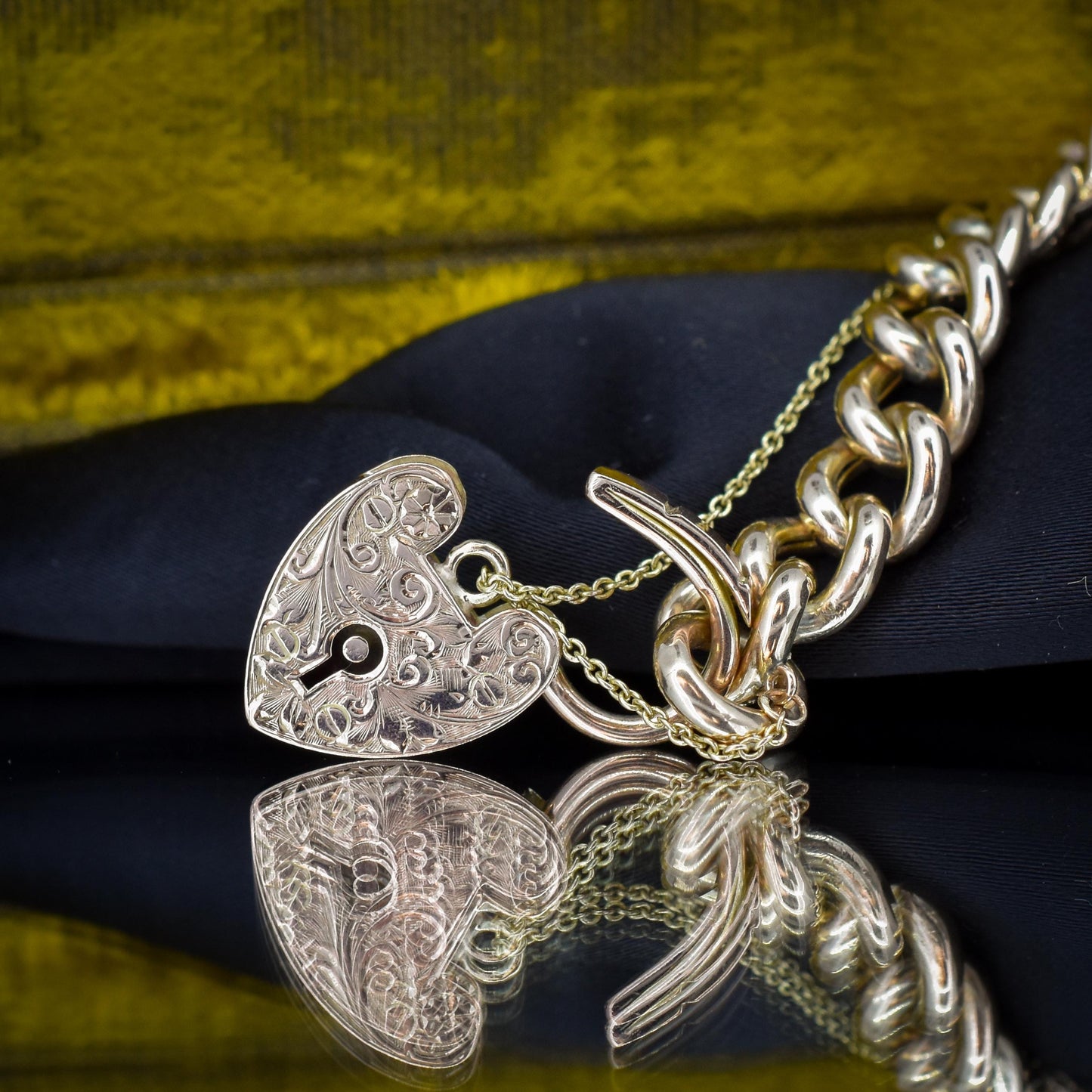 Antique Engraved Heart Padlock Fancy Curb 9ct Gold Bracelet 7"
