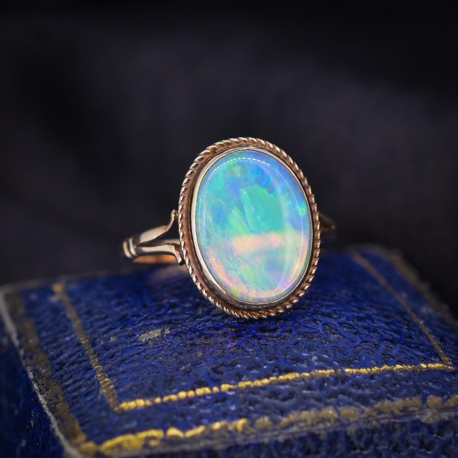 Vintage Colourful Natural Opal Oval Solitaire 9ct Gold Ring