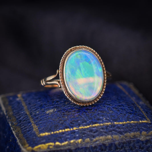 Vintage Colourful Natural Opal Oval Solitaire 9ct Gold Ring