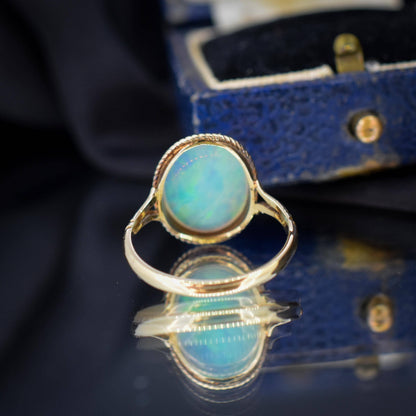 Vintage Colourful Natural Opal Oval Solitaire 9ct Gold Ring