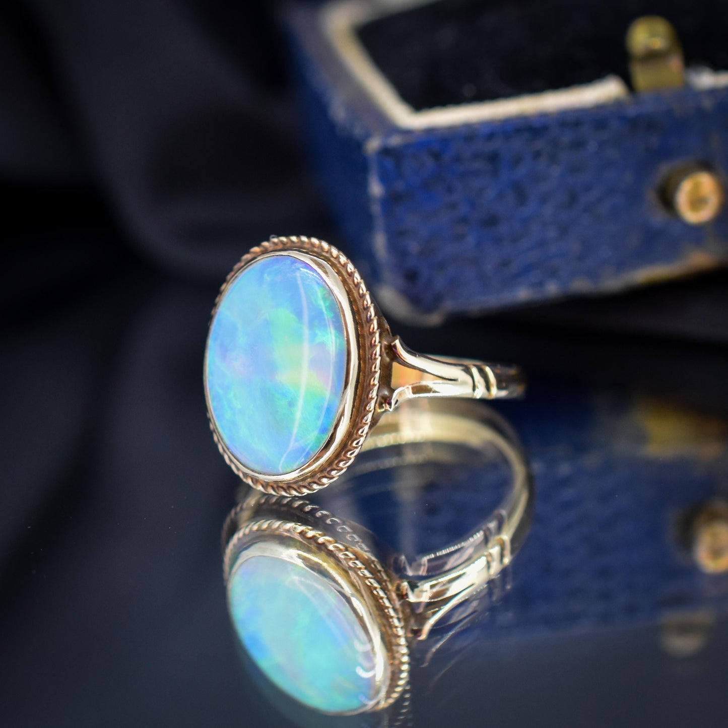Vintage Colourful Natural Opal Oval Solitaire 9ct Gold Ring