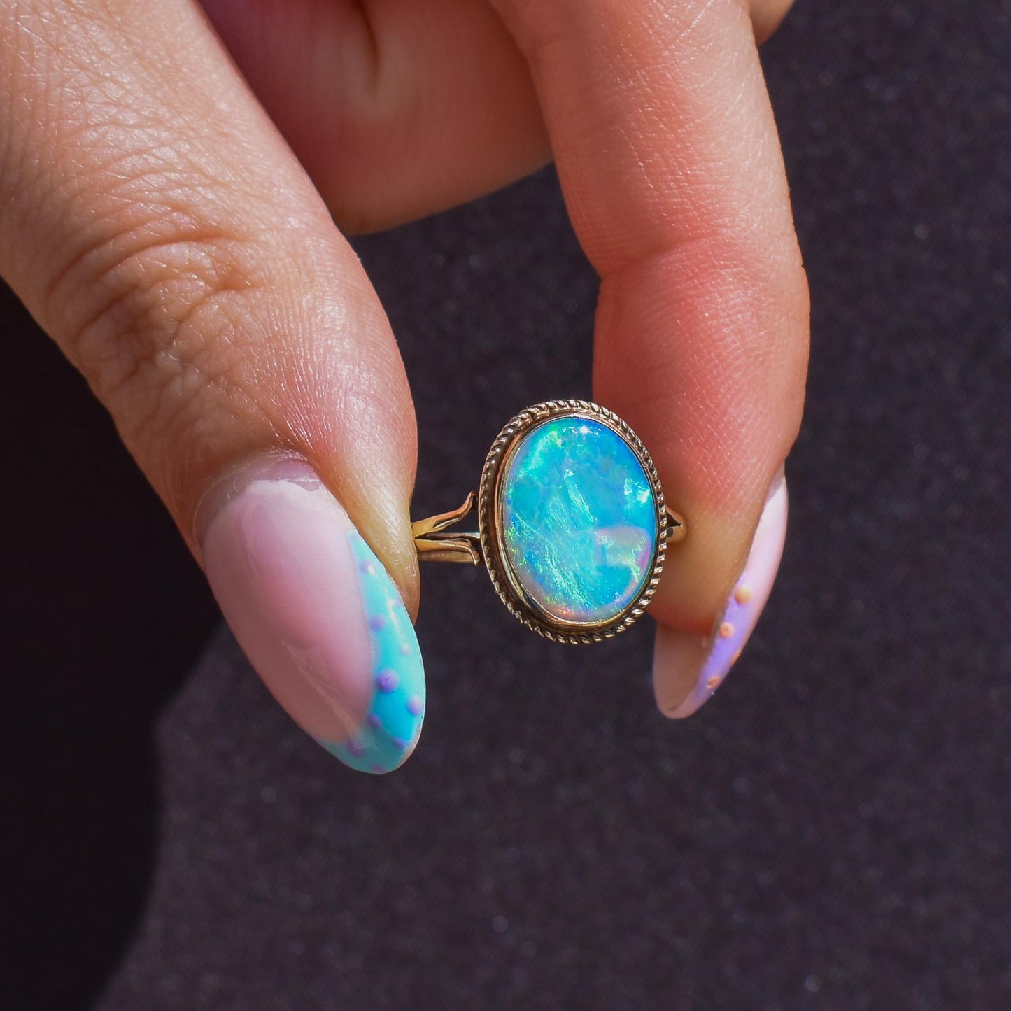 Vintage Colourful Natural Opal Oval Solitaire 9ct Gold Ring