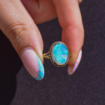 Vintage Colourful Natural Opal Oval Solitaire 9ct Gold Ring