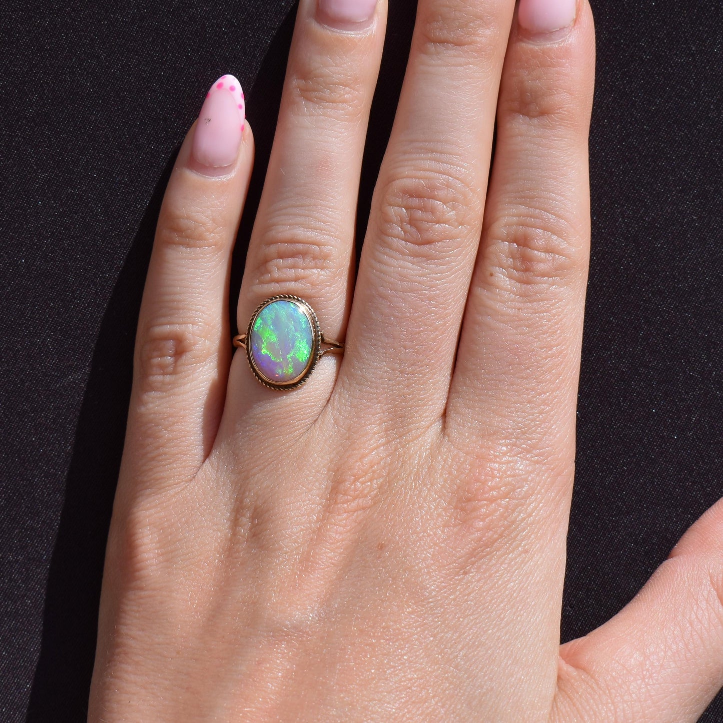 Vintage Colourful Natural Opal Oval Solitaire 9ct Gold Ring