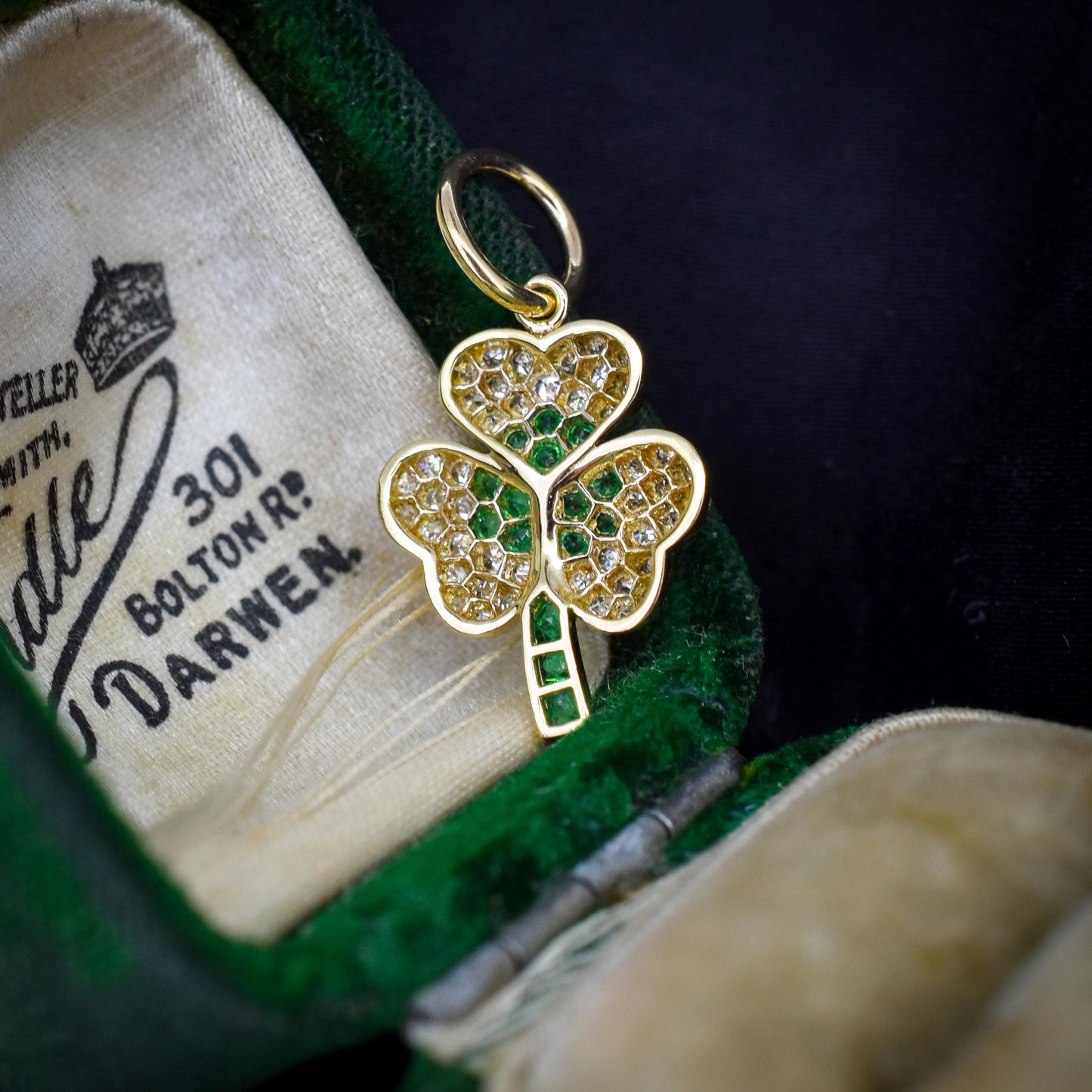 Diamond and Emerald Three-Leaf Clover 18ct Gold Charm Pendant