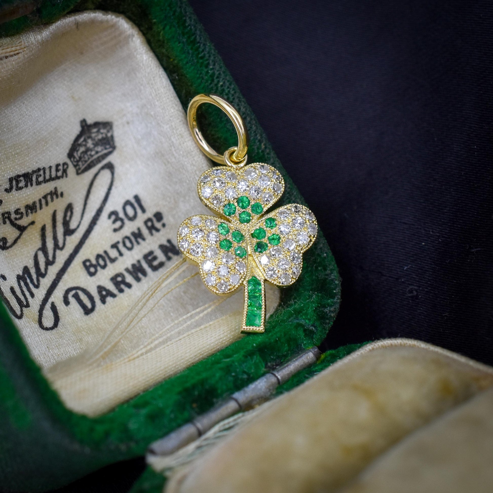 Diamond and Emerald Three-Leaf Clover 18ct Gold Charm Pendant