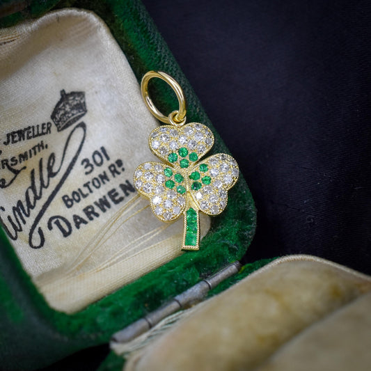Diamond and Emerald Three-Leaf Clover 18ct Gold Charm Pendant