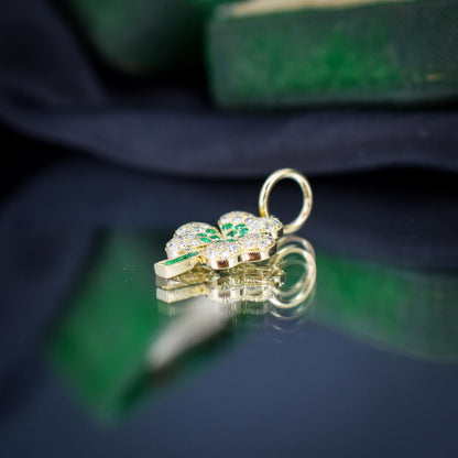 Diamond and Emerald Three-Leaf Clover 18ct Gold Charm Pendant