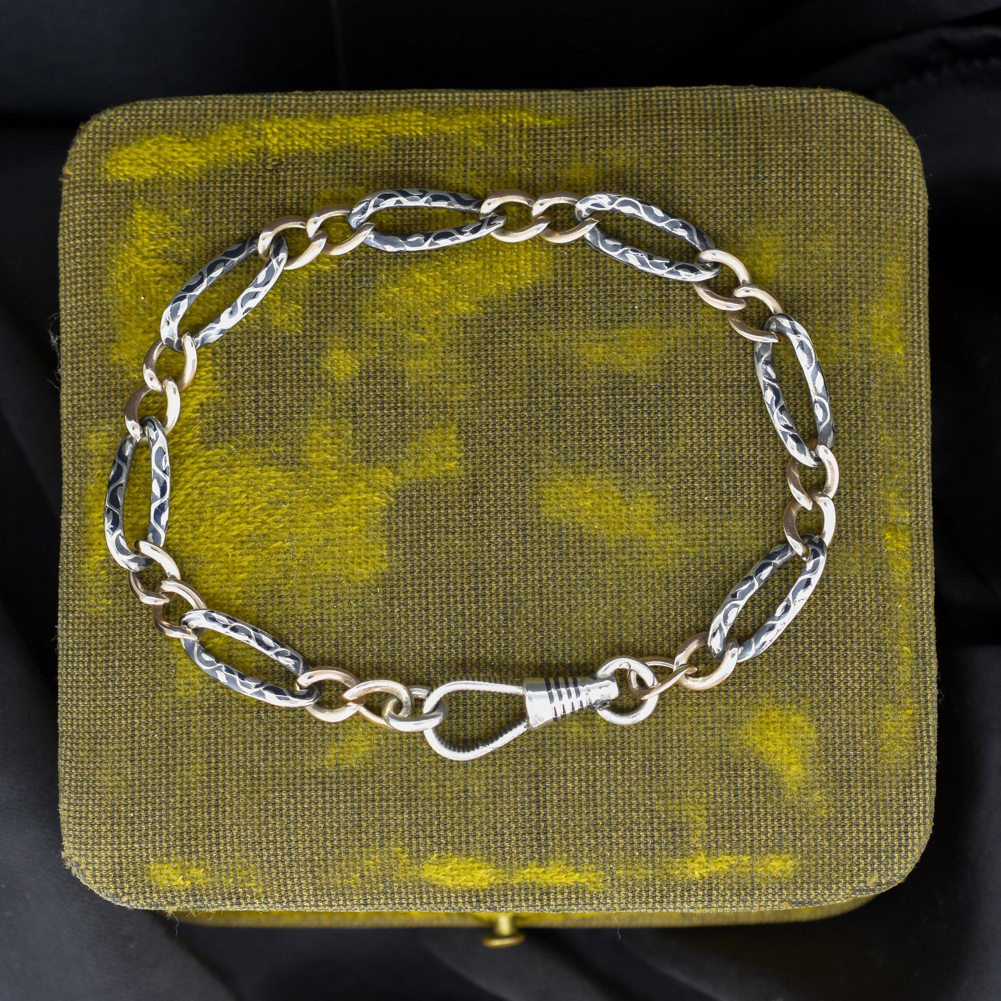 Antique Niello Silver and Gold Chain Bracelet with Dog Clip | 7.75"