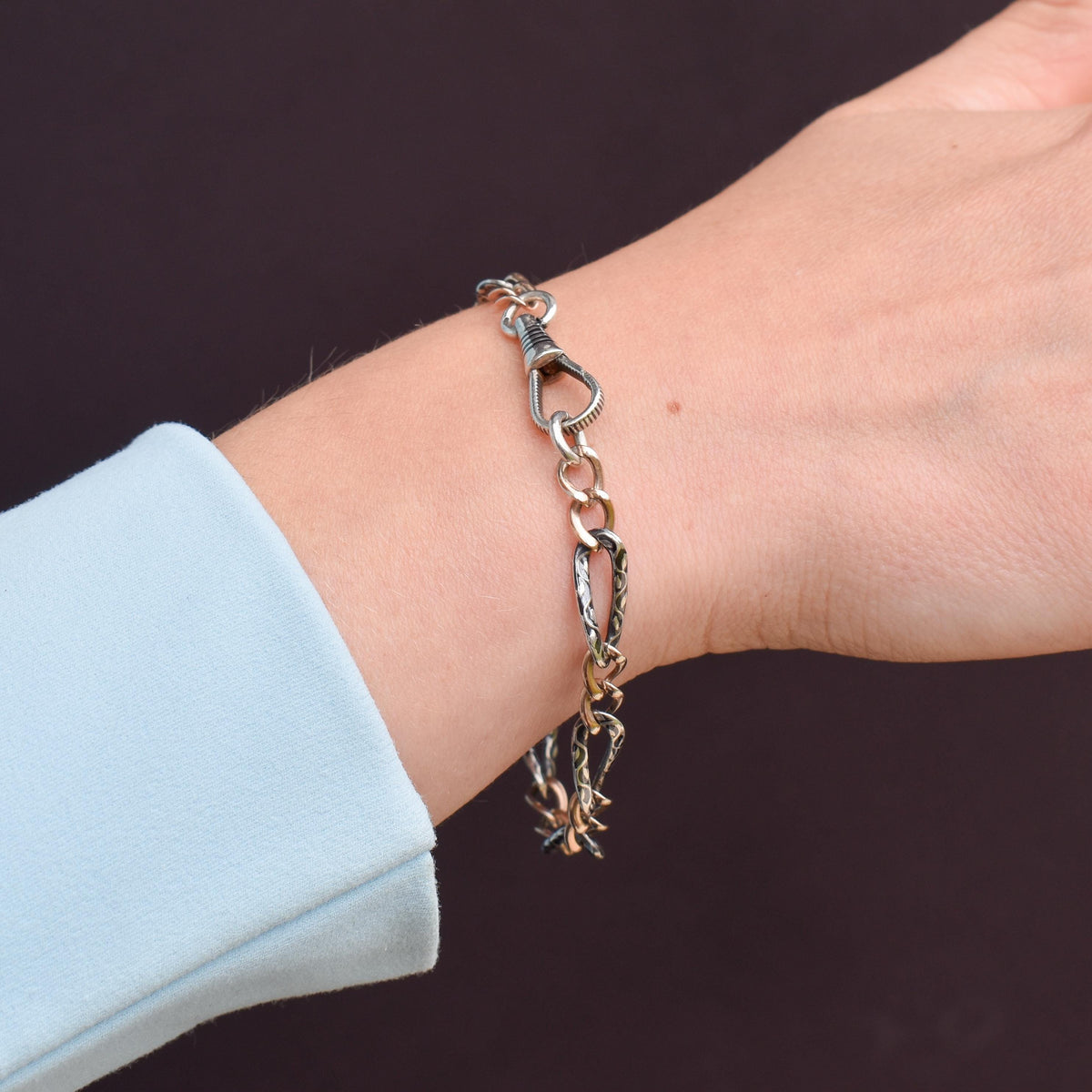 Antique Niello Silver and Gold Chain Bracelet with Dog Clip | 7.75"