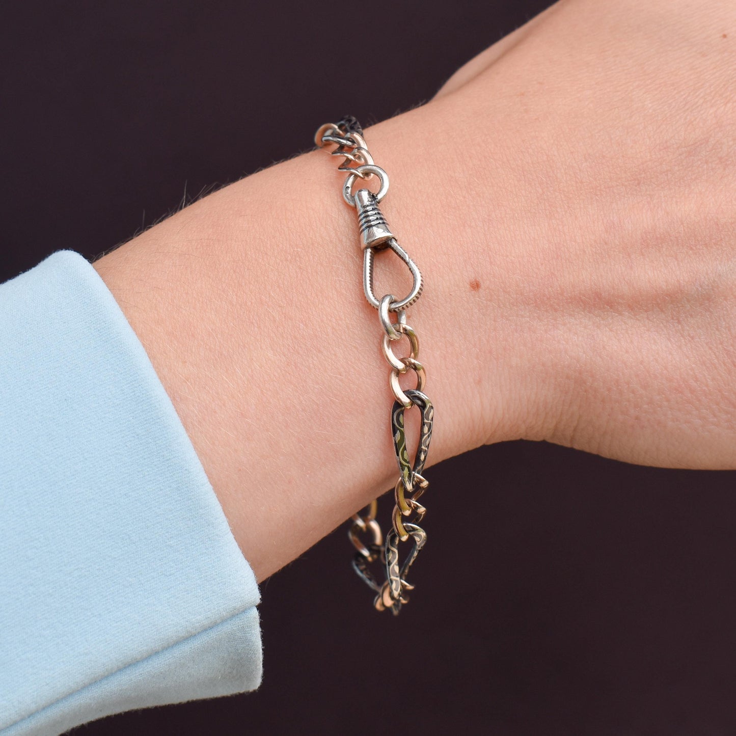 Antique Niello Silver and Gold Chain Bracelet with Dog Clip | 7.75"