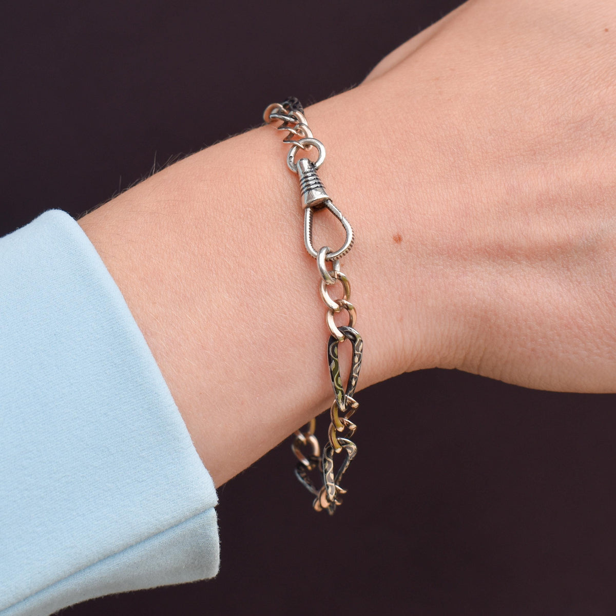 Antique Niello Silver and Gold Chain Bracelet with Dog Clip | 7.75"