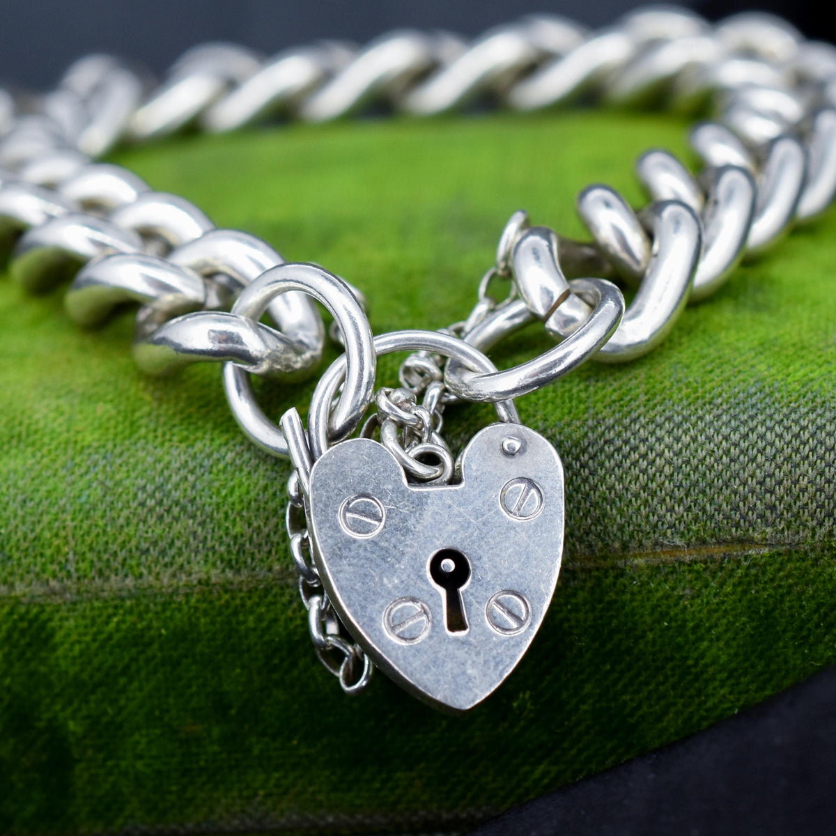 Vintage Heavy Chunky Heart Padlock Sterling Silver Curb Bracelet 7"