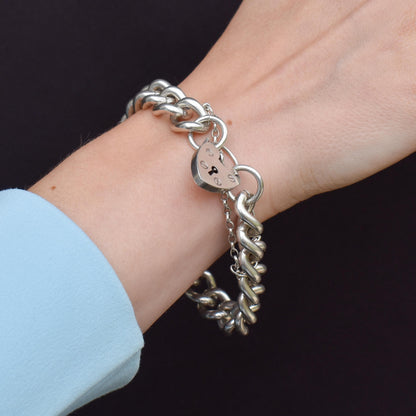 Vintage Heavy Chunky Heart Padlock Sterling Silver Curb Bracelet 7"