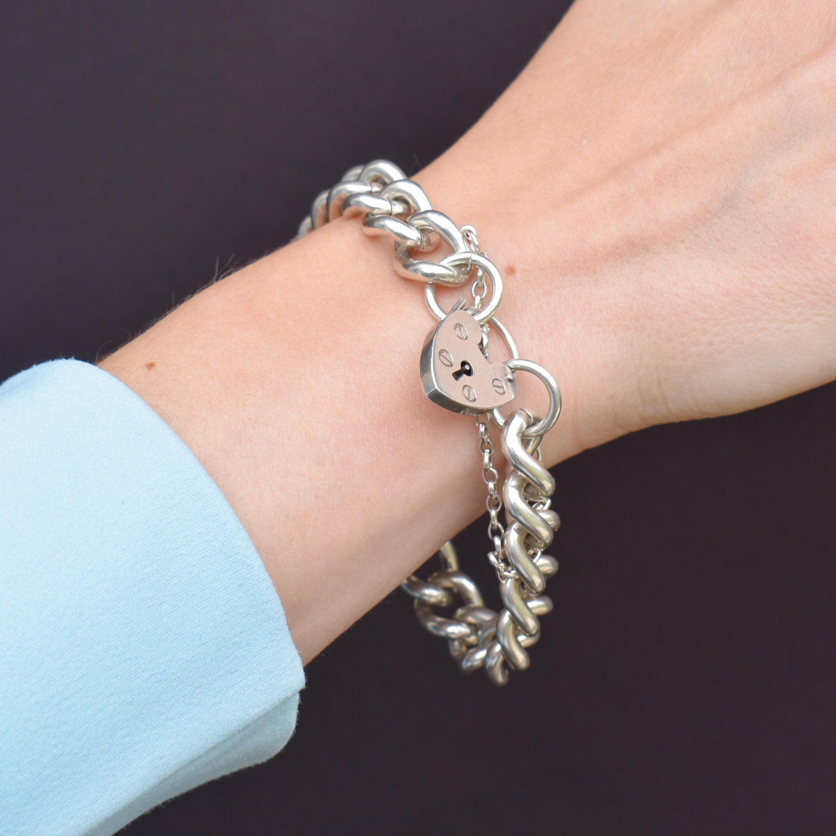 Vintage Heavy Chunky Heart Padlock Sterling Silver Curb Bracelet 7"
