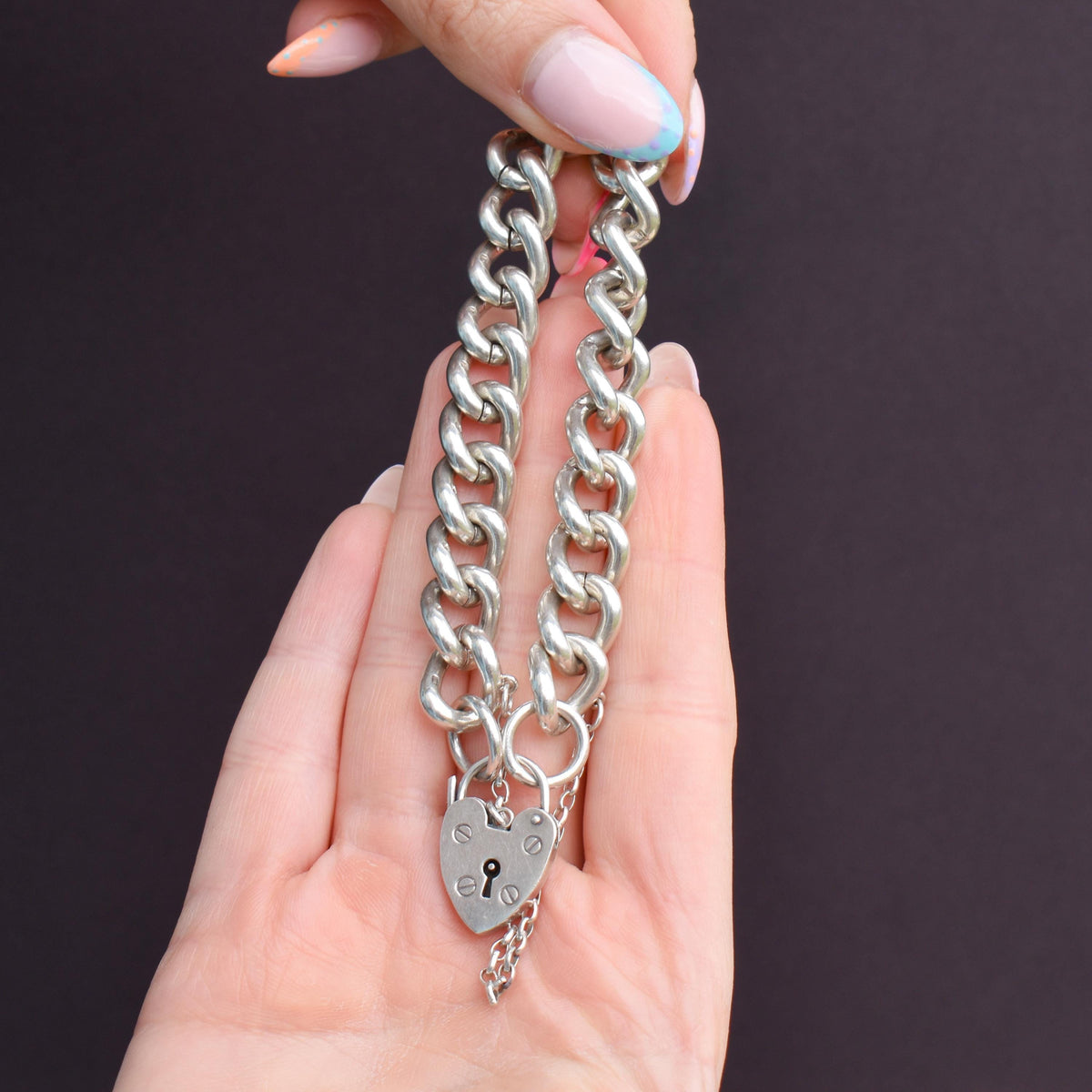 Vintage Heavy Chunky Heart Padlock Sterling Silver Curb Bracelet 7"