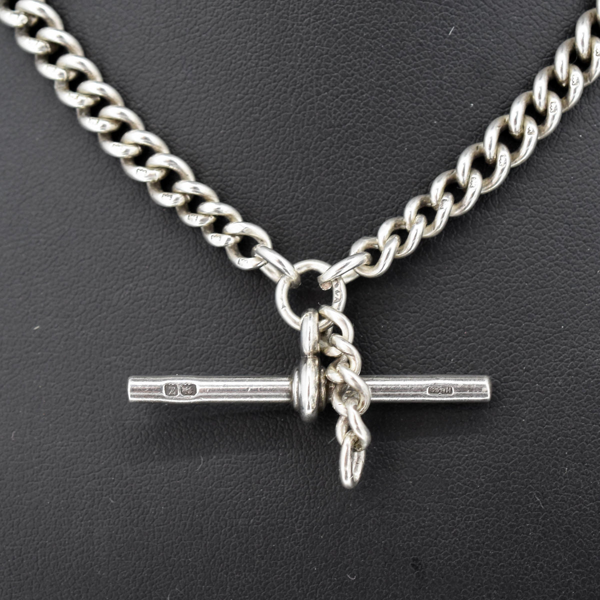 Antique '1924' Sterling Silver Curb Link Albert Watch Chain Necklace 15.5"