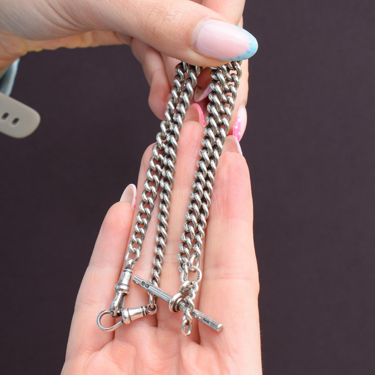 Antique '1924' Sterling Silver Curb Link Albert Watch Chain Necklace 15.5"