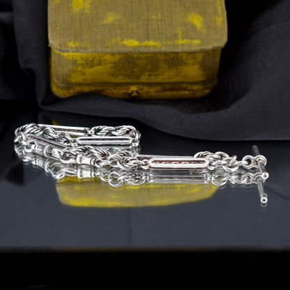 Antique '1909' Sterling Silver Bar and Love Knot Albert Chain Necklace | 14.5"