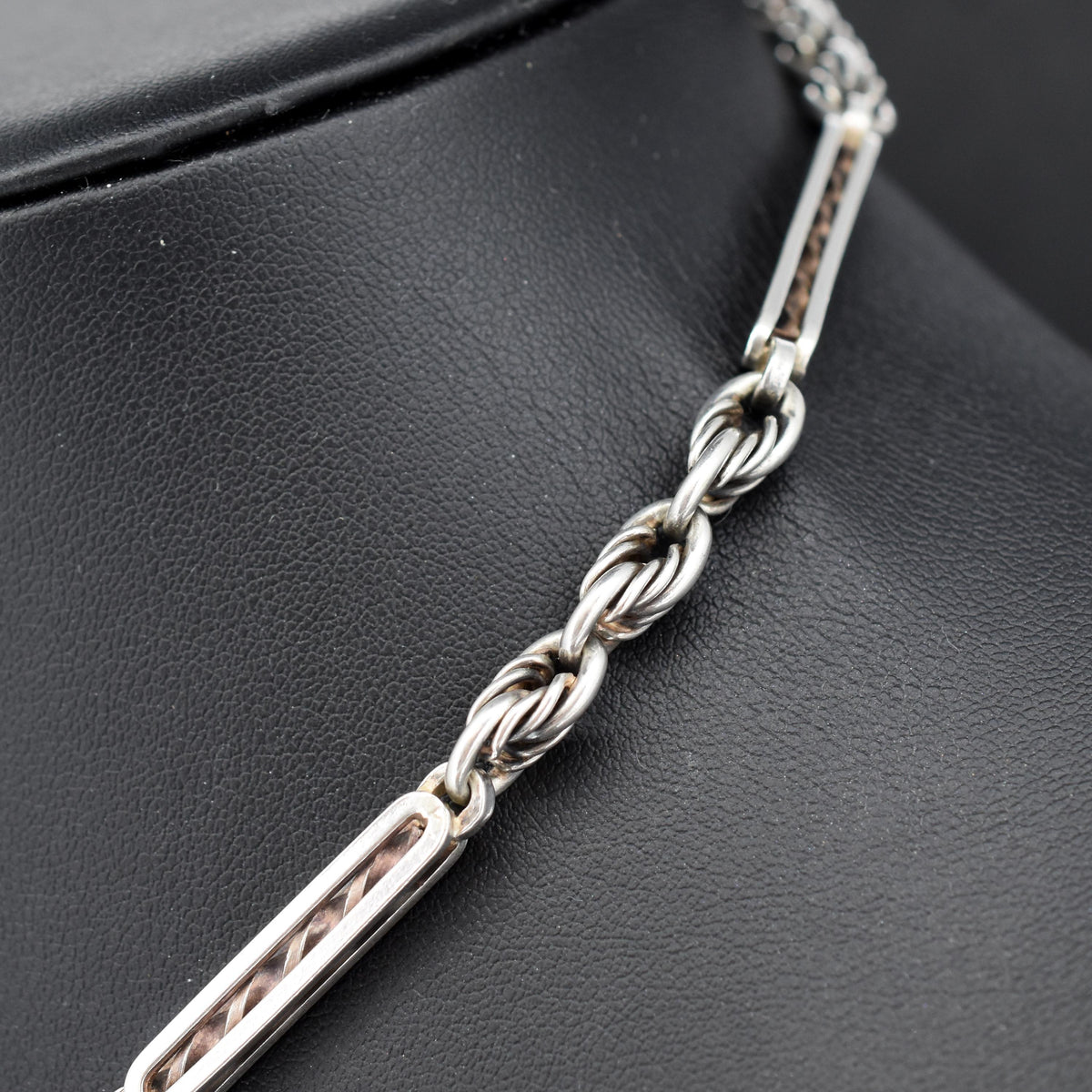 Antique '1909' Sterling Silver Bar and Love Knot Albert Chain Necklace | 14.5"