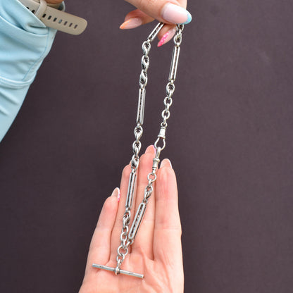 Antique '1909' Sterling Silver Bar and Love Knot Albert Chain Necklace | 14.5"