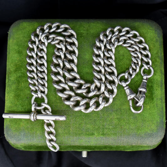Antique '1910' Sterling Silver Curb Link Albert Watch Chain Necklace 17.5"