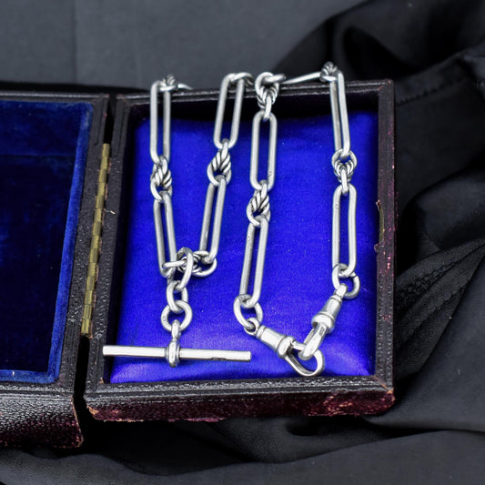 Antique '1923' Sterling Silver Trombone Watch Chain with Double Dog Clip and T Bar | 15"