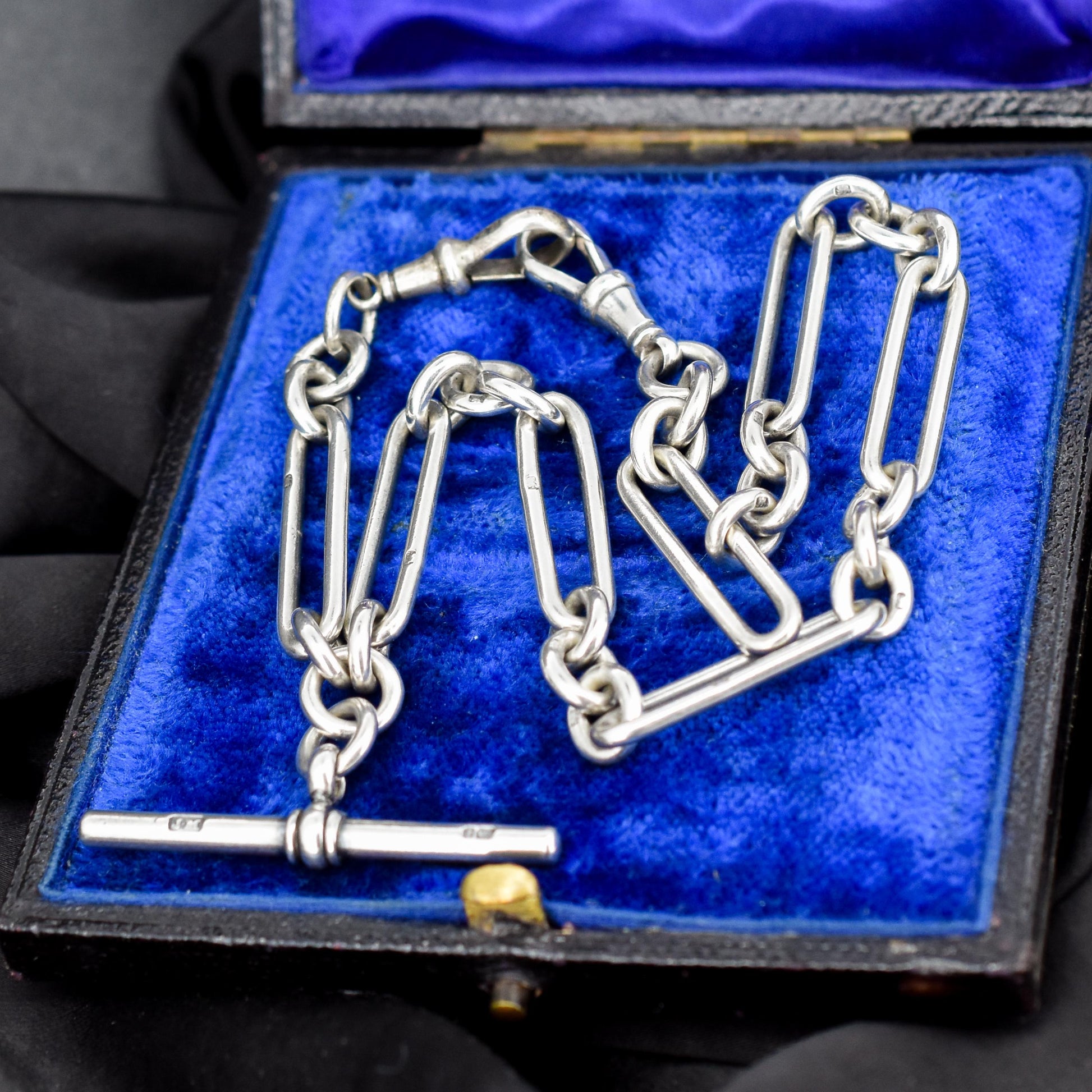 Antique '1893' Sterling Silver Trombone Watch Chain with Dog Clips and T Bar | 13.5"