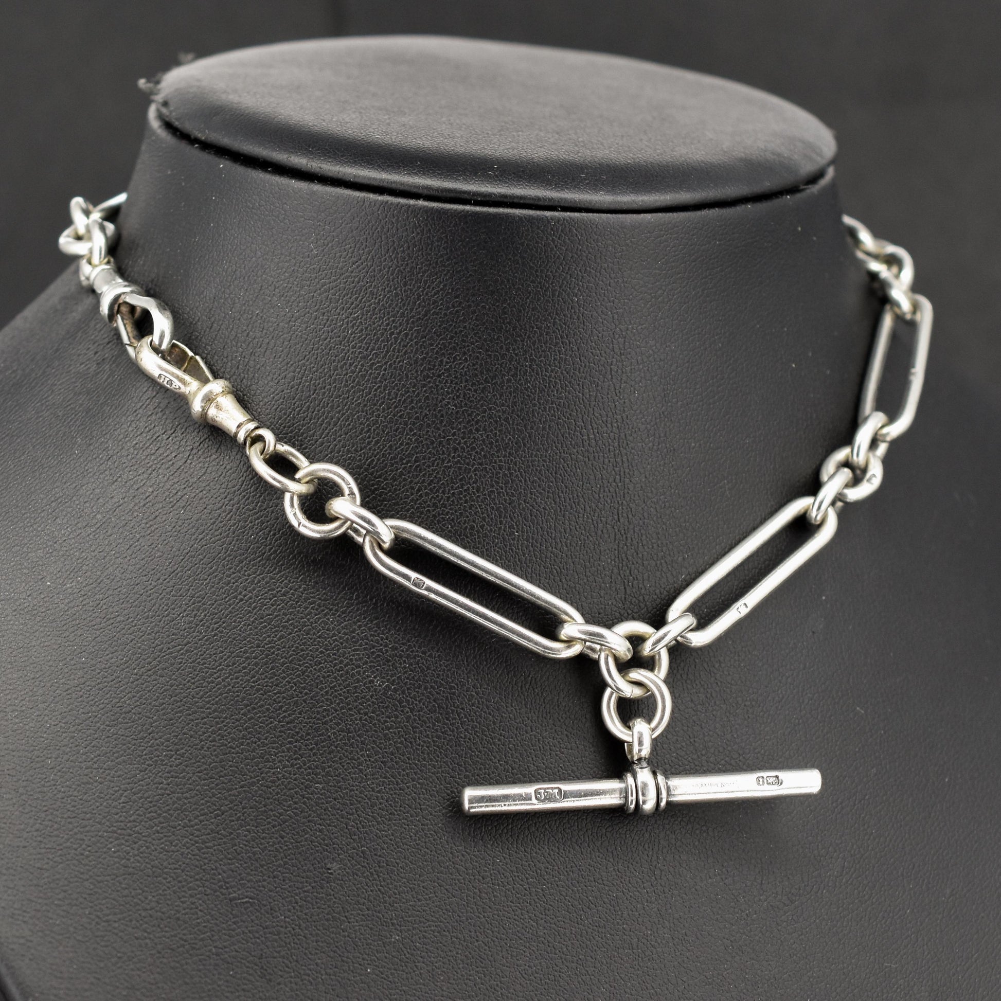 Antique '1893' Sterling Silver Trombone Watch Chain with Dog Clips and T Bar | 13.5"