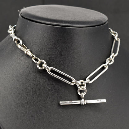 Antique '1893' Sterling Silver Trombone Watch Chain with Dog Clips and T Bar | 13.5"