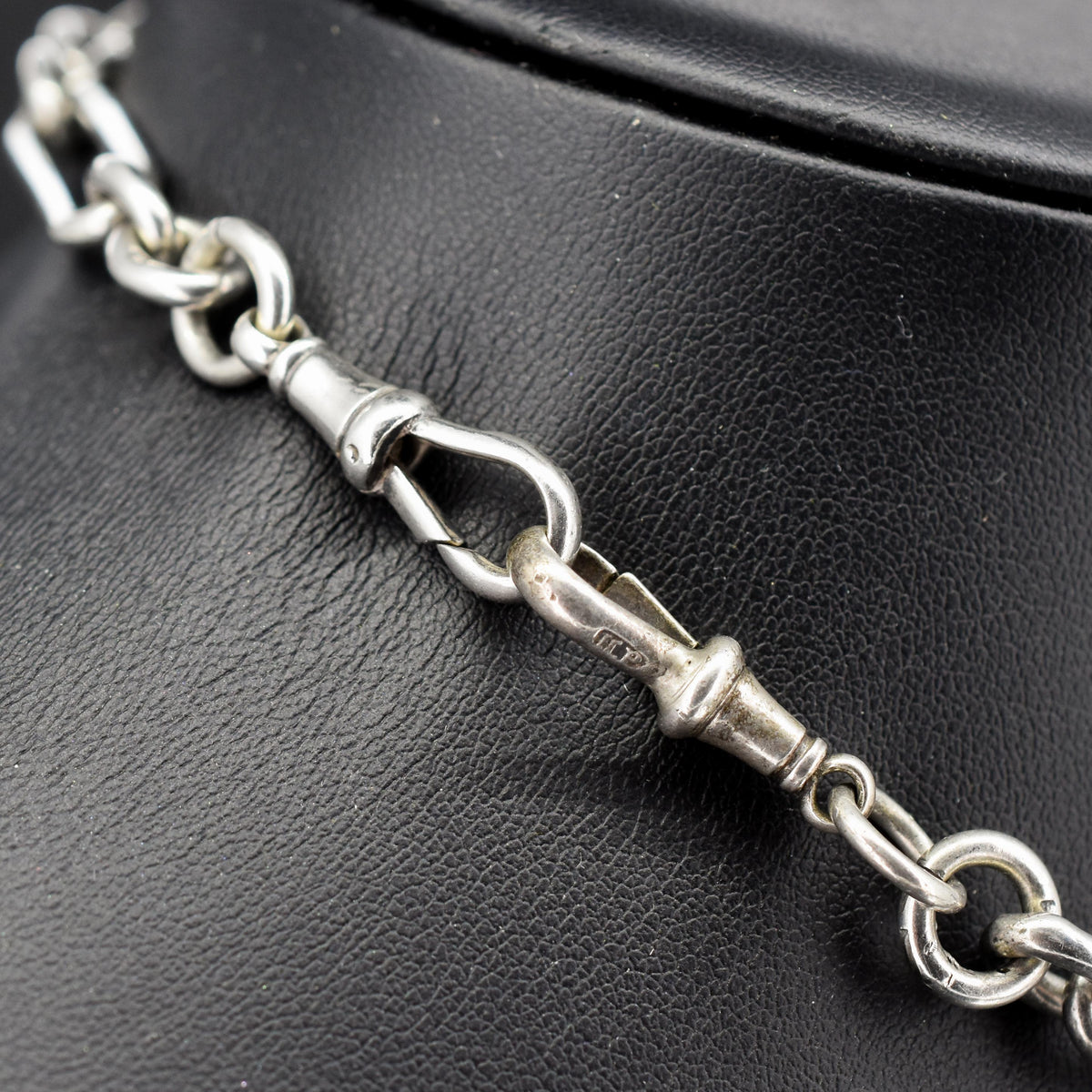 Antique '1893' Sterling Silver Trombone Watch Chain with Dog Clips and T Bar | 13.5"