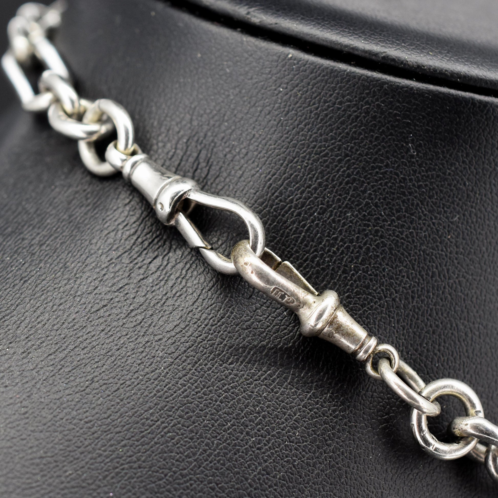 Antique '1893' Sterling Silver Trombone Watch Chain with Dog Clips and T Bar | 13.5"