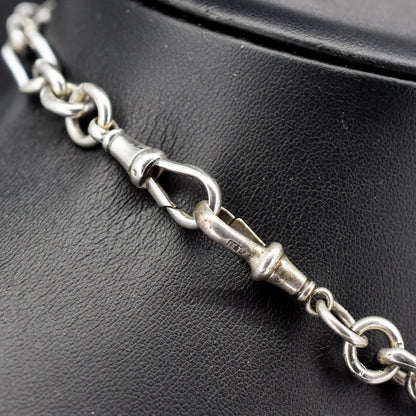 Antique '1893' Sterling Silver Trombone Watch Chain with Dog Clips and T Bar | 13.5"
