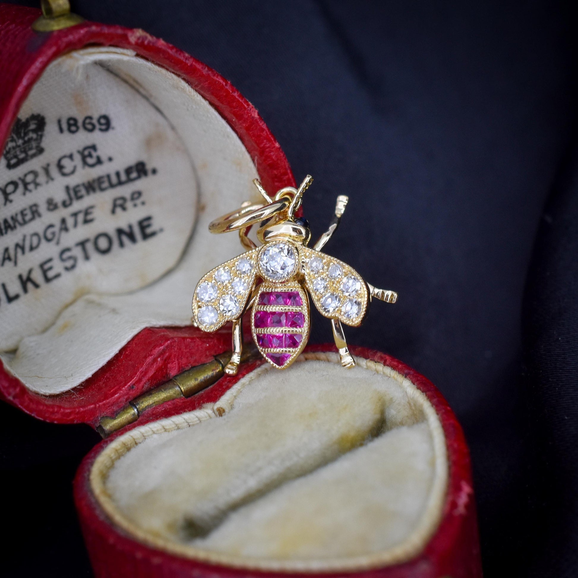 French Cut Ruby and Diamond 18ct Gold Insect Bee Pendant